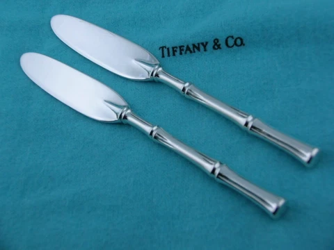 2 Sterling TIFFANY & CO flat handled Butter Spreaders / Knives BAMBOO ~Mint Cond Cover
