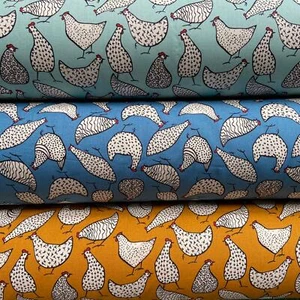 Rose & Hubble Chickens Ochre, Copen, Duck Egg 100% Cotton Fabric Half or  Metres - Picture 1 of 4