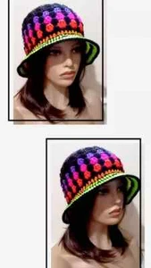 crochet handmade womans bucket brim hat cloche black bright stripes USA seller - Picture 1 of 3