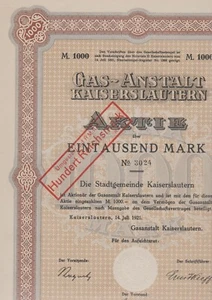 Gas-Anstalt Kaiserslautern, Aktie 1000 M, 1923 - Bild 1 von 1