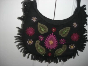 BLACK LINED BAG HANDBAG - WOOL MIX PINK/GREEN/MULTI EMBROIDERY FRINGE BOHO - NEW - Picture 1 of 2