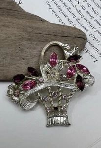 Retro Pin Brooch Pink & Purple Rhinestone Gold Tone Floral Bouquet AS-IS 💜 - Picture 1 of 11