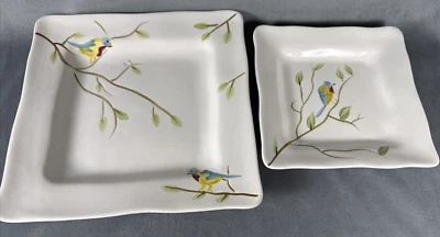 Pier 1 One ROBIN Earthenware 11" 8" Square Dinner Plate Bird Scalloped SET OF 2 - Image 1 of 4