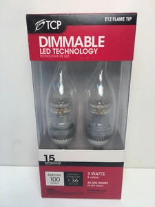 TCP RLDCF3W30K2 DIMMABLE LED E12 Clear Flame Tip 3 Watt 15 Equivalent (2) Bulbs - Picture 1 of 3