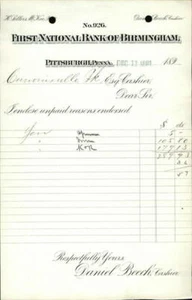 1891 Pittsburgh Pennsylvania (PA) Recibo Primer Banco Nacional de Birmingham - Imagen 1 de 2