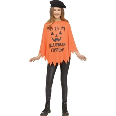 Child "This Is My Halloween Costume" Orange Pumpkin Girls Poncho Cape Easy Funny - Image 1 of 3