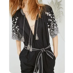 Ulla Johnson Alexi Floral Embroidered Poplin Jumpsuit Black 8 Boho Tassel - Picture 1 of 14