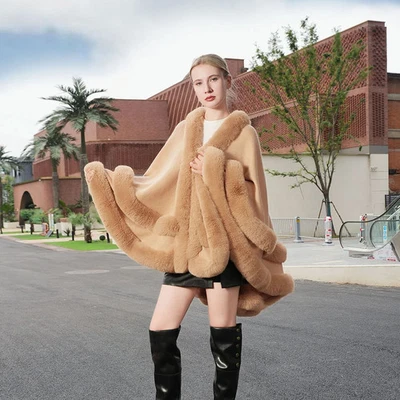 Fashion Double Layers Faux Fur Overcoat Cape no Hat Knit Cardigan Poncho Wraps - Image 1 of 4