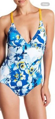 Tommy Bahama Mujer 1 Pieza Traje de Baño 8 Azul Floral Dorado Correas Playa Piscina Resort Foto 1 de 4