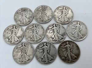 Lot of 10 lower-grade Walking Liberty half dollars, 90% silver 1E - Picture 1 of 10