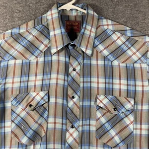 VTG Rustler Shirt Mens 17 34/35 Blue Plaid Western Pearl Snap Long Sleeve Cowboy - Picture 1 of 9