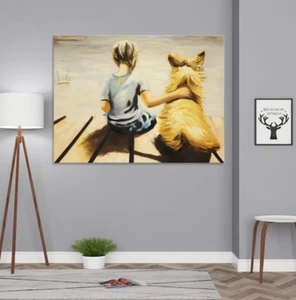 A Boy and his Dog - Hand Painted Art - 75x100cm - Fun Realism Ideology - NEW - Picture 1 of 3