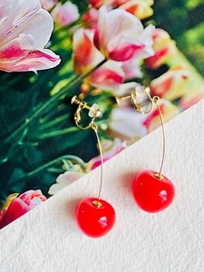 Red Vivid Cherry Adorable Rustic Retro Long Drop Clip Earrings Gold Women Her - Picture 1 of 6