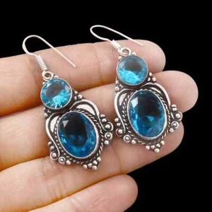 Classy Topazio Blu Gemma 925 Argento Sterling Fatto a Mano Orecchino S-40 - Foto 1 di 5