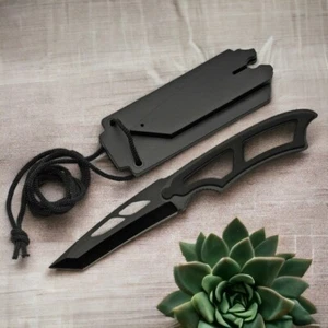 Neck Knife Rite Edge Low Cost Black Tactical Tanto Blade Full Tang + Hard Sheath - Picture 1 of 5