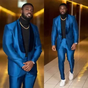 Royal Blue Men's Satin Suit 2 Pieces Slim Fit Velvet Shawl Lapel Jacket Pant Set - Picture 1 of 15