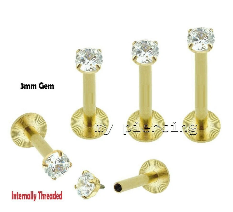 PAR Juego de puntas roscadas internamente de acero quirúrgico IP dorado 16G circonita cúbica Labret Tragus Foto 1 de 1
