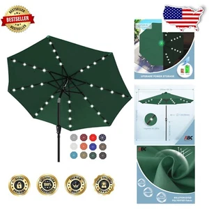 Durable Forest Green Solar Umbrella with 32 LED Lights - 9ft Outdoor Shade - Picture 1 of 11