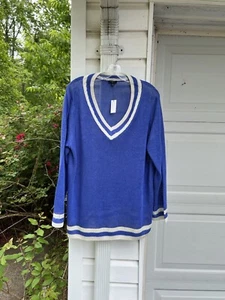 NWT Talbots Pretty Royal Blue White Stripe V-Neck 100% Linen Sweater 2X - Picture 1 of 5