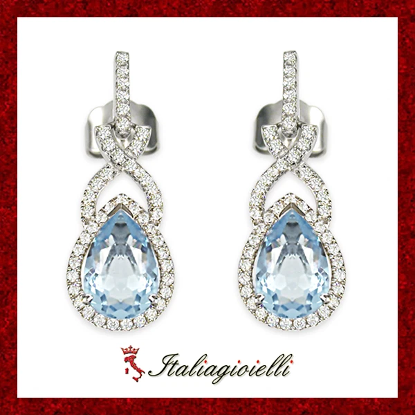 Incantevoli Orecchini Goccia Acquamarina in Argento 925 Rodiato Oro Bianco - Immagine 1 di 4