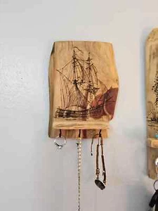 Raw cedar, laser etched wall mounted Key Rack/Holder, Wall decor with hooks Ship - Picture 1 of 9