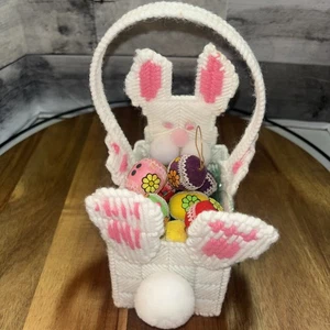 Plastic Canvas White Bunny Easter Basket  Grass/Colored Eggs ..(B6) - Picture 1 of 6