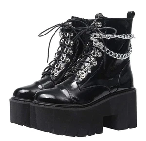 Block Heel Platform Combat Ankle Boots Womens Lace up Motorcycle Chain Size 9.5 - Picture 1 of 5