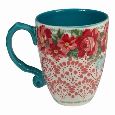 Taza de café Pioneer Woman 28 OZ Jumbo Latte roja y verde azulado patrón floral vintage Foto 1 de 4