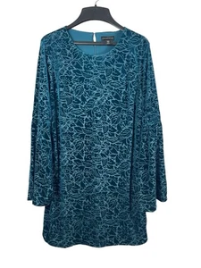 Vestido Adrienne Vittadini M Azul Teal Terciopelo Burnout Floral Manga Campana Vacaciones - Imagen 1 de 12