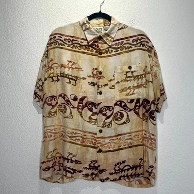 Camisa havaiana TravelSmith masculina bronzeada média tribal rayon botão para cima Aloha Beach - Imagem 1 de 4