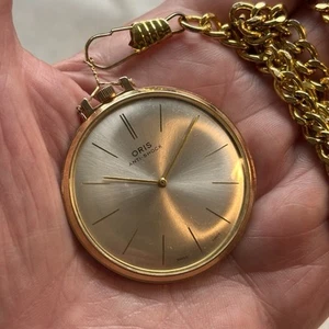 Slimline Vintage ORIS Gold-plated Mechanical Pocket Watch KIF652 with chain - Picture 1 of 12