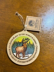 Raku Pottery Wooden Medallion Christmas Elk Ornament 2024 Joy to the World NEW - Picture 1 of 7