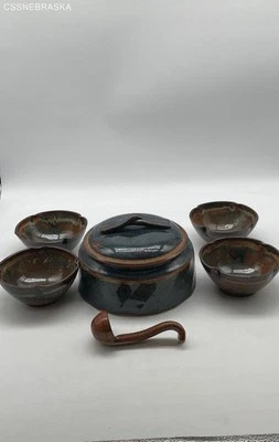 Adorable Handmade Pottery Mini Soup Set: Pot w/ Lid, Ladel, 4 bowls - Image 1 of 4