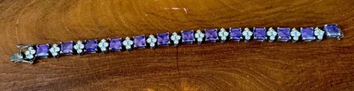 Stunning Sterling Silver Signed Tennis Bracelet With Purple Stones 28G 7.5 Wide Foto 1 de 4