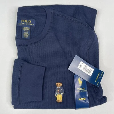Camisa Polo Ralph Lauren MÉDIA Roupa de Dormir Urso Waffle Malha Manga Longa Azul Marinho - Imagem 1 de 4