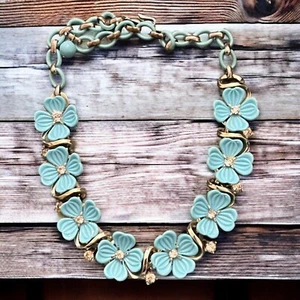 Vintage signierte LISNER hellblau Harz Blumen klar Strass 16" Halskette LESEN* - Bild 1 von 24