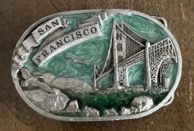 Vintage 1978 San Francisco Belt Buckle Golden Gate Bridge Jade Green Bergamot - Image 1 of 2
