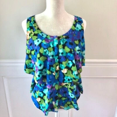 CYNTHIA STEFFE Watercolor Floral Tiered Blouse S Small Blue Green Print Tank - Image 1 of 4