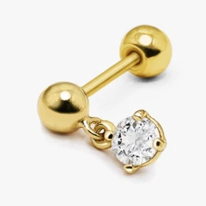 14k Solid Gold Dangling CZ Ball Stud Earring, Minimalist, Designer Earring - Picture 1 of 4