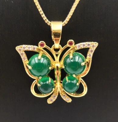 Collar Colgante Mariposa Diamantes de Imitación Jade Aagata Calcedonia Verde Genuino 18KGP Foto 1 de 4