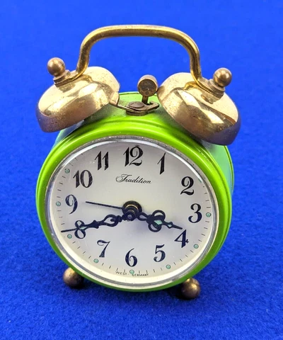 Vintage Lime Green Tradition Twin Bell Alarm Clock West Germany MCM Brass Glow Cover