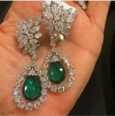 12Ct Emerald & Diamond Cabochon Drop/Dangle Earrings 14K White Gold Finish - Image 1 of 3