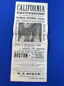 C1885 Broadside CALIFORNIA EXCURSIONS Boston a California, COCHE CAMA TURÍSTICO - Imagen 1 de 7