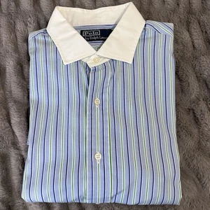 Polo Ralph Lauren Mens L White Collar Blue/Green Stripe Long Sleeve Dress Shirt - Picture 1 of 12