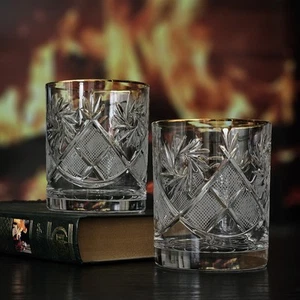 Set of 2 11 oz Russian Cut Crystal Rocks Glasses – 24K Gold Trim Whisky DOF - Picture 1 of 6