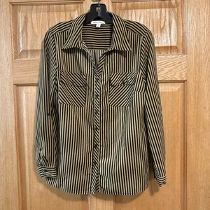 Studio Work Button Down Black & Tan Striped Blouse Long Sleeve Women’s Size M  - Picture 1 of 5