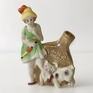 VTG Porcelain Nip Liquor Flask Just A Little Nip Kitsch Figural Flapper And Dog - Picture 1 of 6