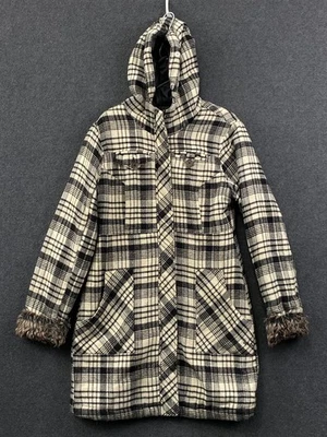 Volcom Full Zip Hooded Parka Coat Womens Medium AU 12 Cream Black Plaid Pockets - Image 1 of 4