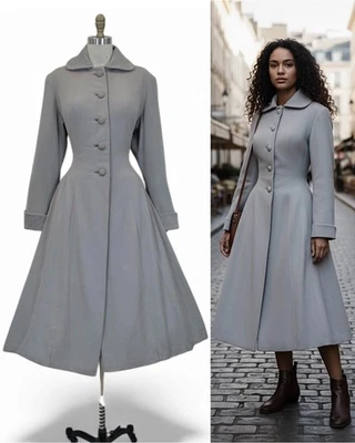Vtg 1940s Dove Gray Gabardine Wool Princess Coat New Look Dress Jacket Winter M - Image 1 of 4