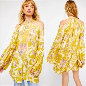 Free People Drift Away Tunika Minikleid Gold Cold Shoulder Fließend MED Neu mit Etikett - Bild 1 von 12